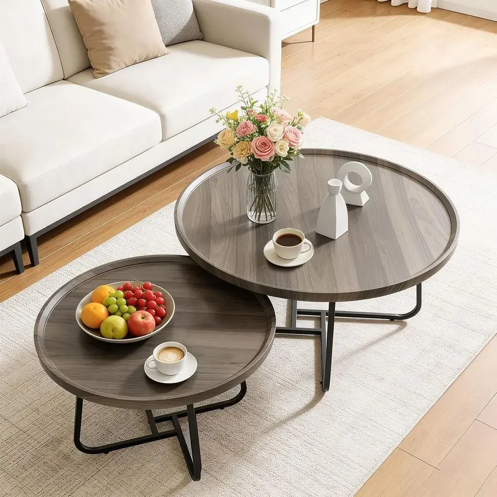 

2-Piece Round Coee Table Set, Bamboo Tabletop with Sturdy Metal e, ern End Side Tables or Living Room Bedroom Aparent Small Spac