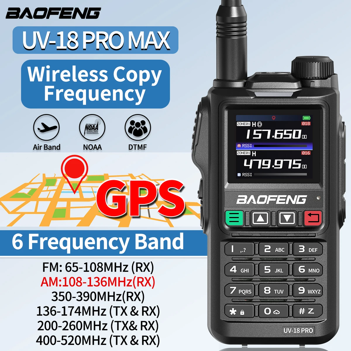 Baofeng 캠핑용 무선 워키토키, 6 밴드 장거리 고출력 C타입 양방향 라디오, UV18 PRO MAX GPS, 복사 주파수 