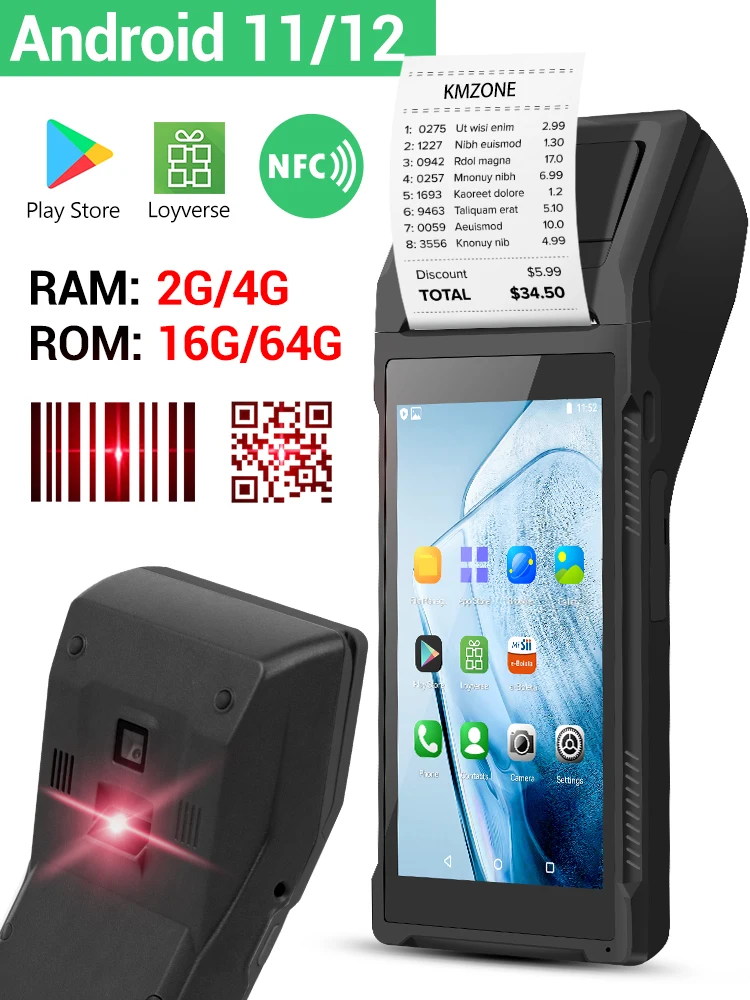 Android 11/12 POS PDA met 2D barcode scanner, NFC, 58mm bonprinter, handheld terminal, Point of Sale systeem, alles-in-één, 4G/64G - afbeelding 2
