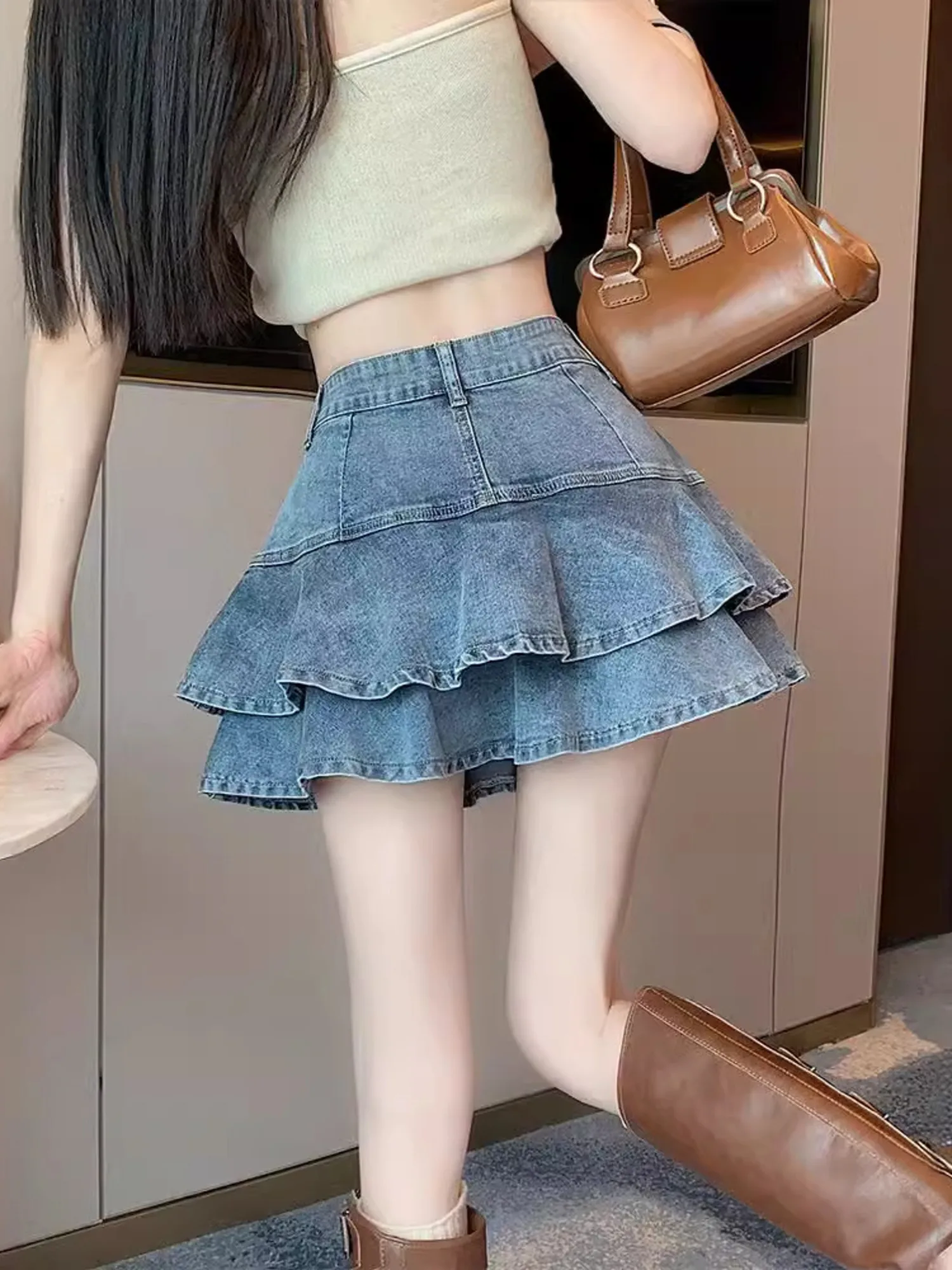 Women's Vintage Washed Denim Layered Ruffle Skort High Waist A-Line Skirt with Built-in Shorts Light Blue S-2XL view 5