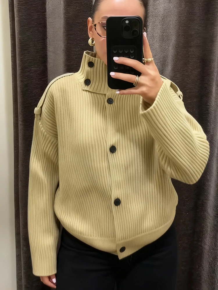 

Long Sleeve Single Breasted Cardigan Lady Street Evening Party Knitwear Elegant Stand Collar Knitted Sweater For Women