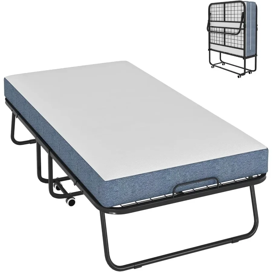 BALUS Folding Bed with Mattress, 75x51 Rollaway Bed with Locking Casters and 5 Rebound Mattress, Metal Folding Frame for Storag