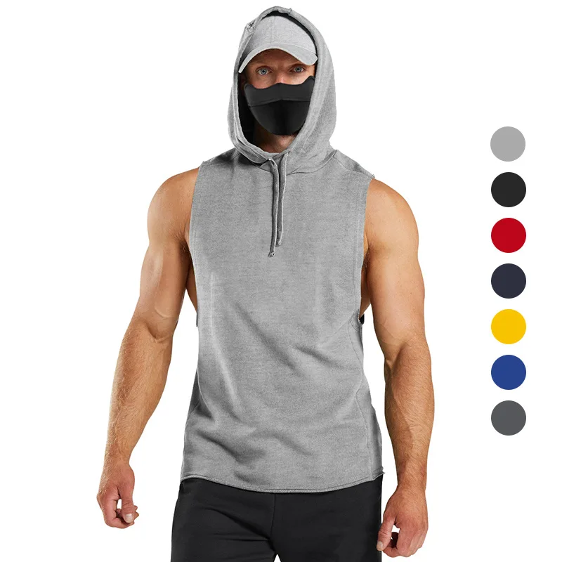 

New Sleeveless Vest Top for Men's Casual T-shirt, Solid Color Hooded Hoodie, Tie Up T-shirt, Hip-hop Men's Sports Shirt