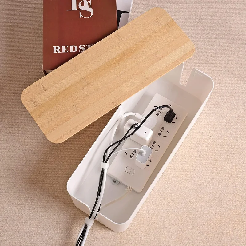 Cable Storage Box Power Strip Case Wooden Power Line Wire Management Organizer Anti-Dust Charger Socket Network Line Storage Bin