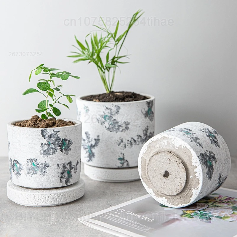 New Ink-painted Feng Shui Clay Flower Pots Retro Succulent Simulation Green Plant Utensils with Pots Home Decoration Ornaments