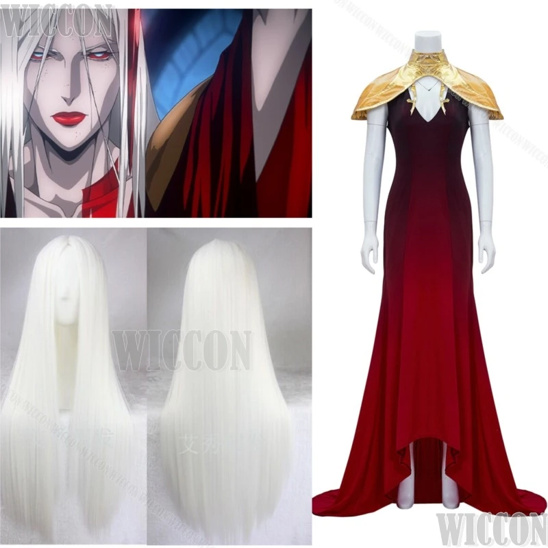 Carmilla Vampire Queen Cosplay Game Castlevania Costume Prop 100CM Long White Wig Red Dress Uniform Women Holloween Party Suit