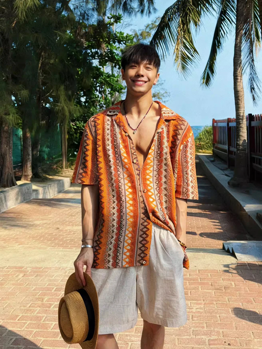 

Оранжевая вязаная повседневная рубашка с коротким рукавом для мужчин, летняя, с кубинским воротником, дышащая, легкая, верхняя одежда в этническом стиле