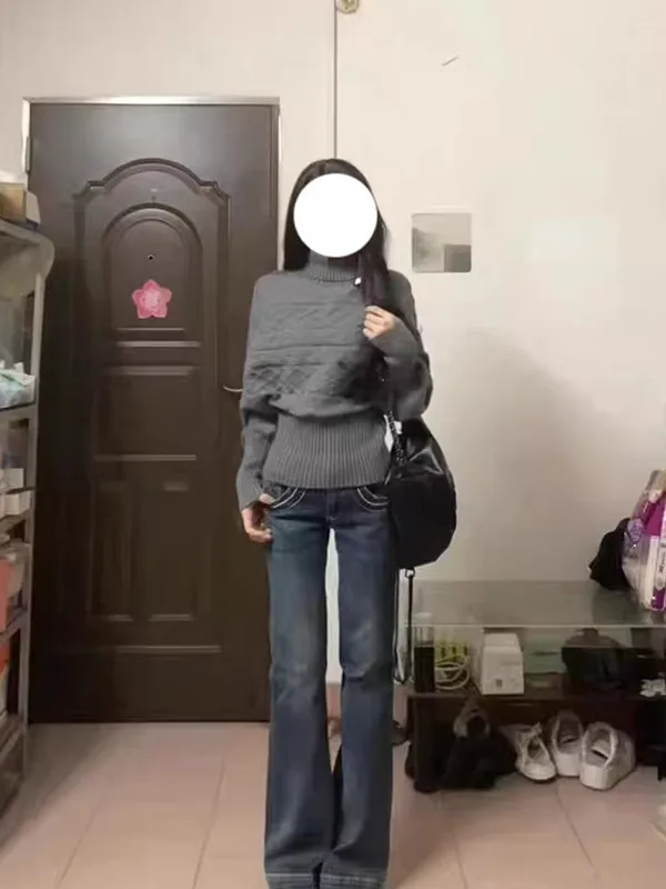 Thickened Gray Turtleneck Sweater Women Cable Knit Pullover Oversized Slouchy Winter Warm Top Layering Outerwear