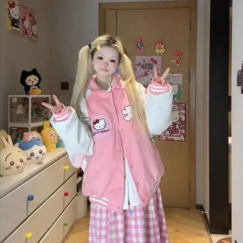 

Sanrio Hello Kitty, бейсбольная форма с вышивкой в американском стиле для мужчин и женщин, осенне-зимняя новая трендовая куртка из искусственной кожи, модное пальто