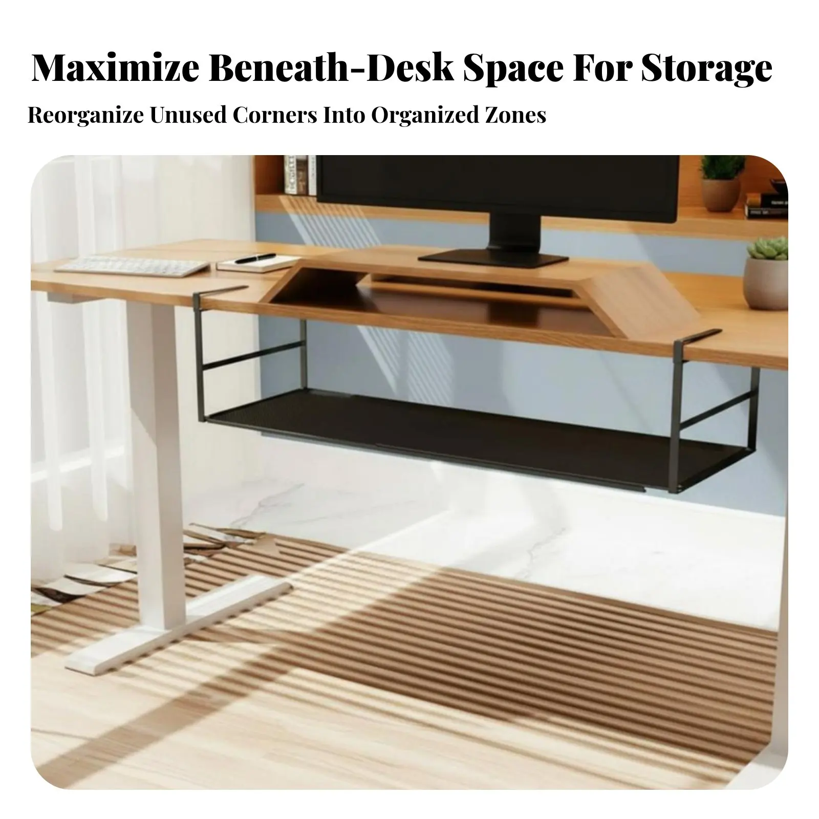 Under Table Storage Organizer Space Saving Under Desk Storage Organizer Hanging Desk Basket Hardware-Tool-Less Mounting view 4