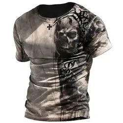 Summer Men Vintage Horror Skull Print T-Shirt 3d Printed Fashion Street O Collar Short Sleeve Loose Comfortable Plus Size Top