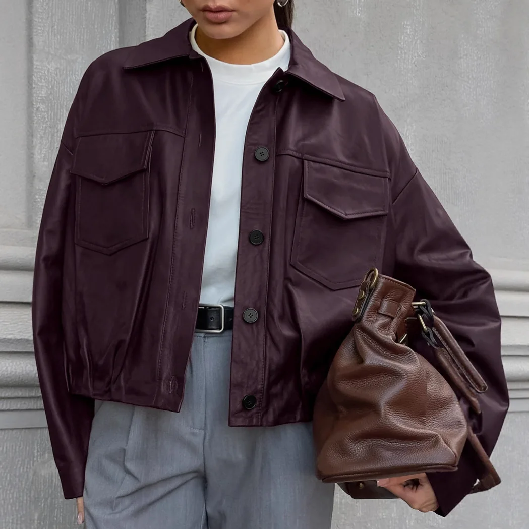 American Retro High Street Leather Jacket Women's Loose Short Style Autumn Winter Wine Red Motorcycle Fashion Outerwear