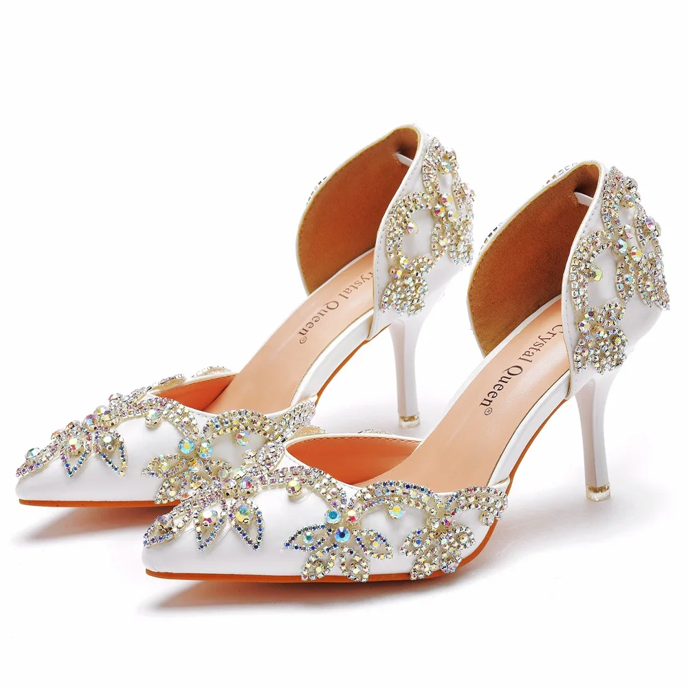 Ladies Shoes High Quality Sandals Women Pumps Rhinestone PU 7.8CM Thin Heels Appliques Evening Dress Woman Shoes White image 3