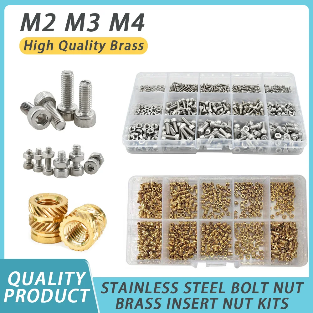 M2 M3 M4 Brass Hot Melt Insert Nut Kit Motherboard 3D Printer PCB Embedded Knurl Nuts Stainless Steel Hex Socket Bolt Screw Set