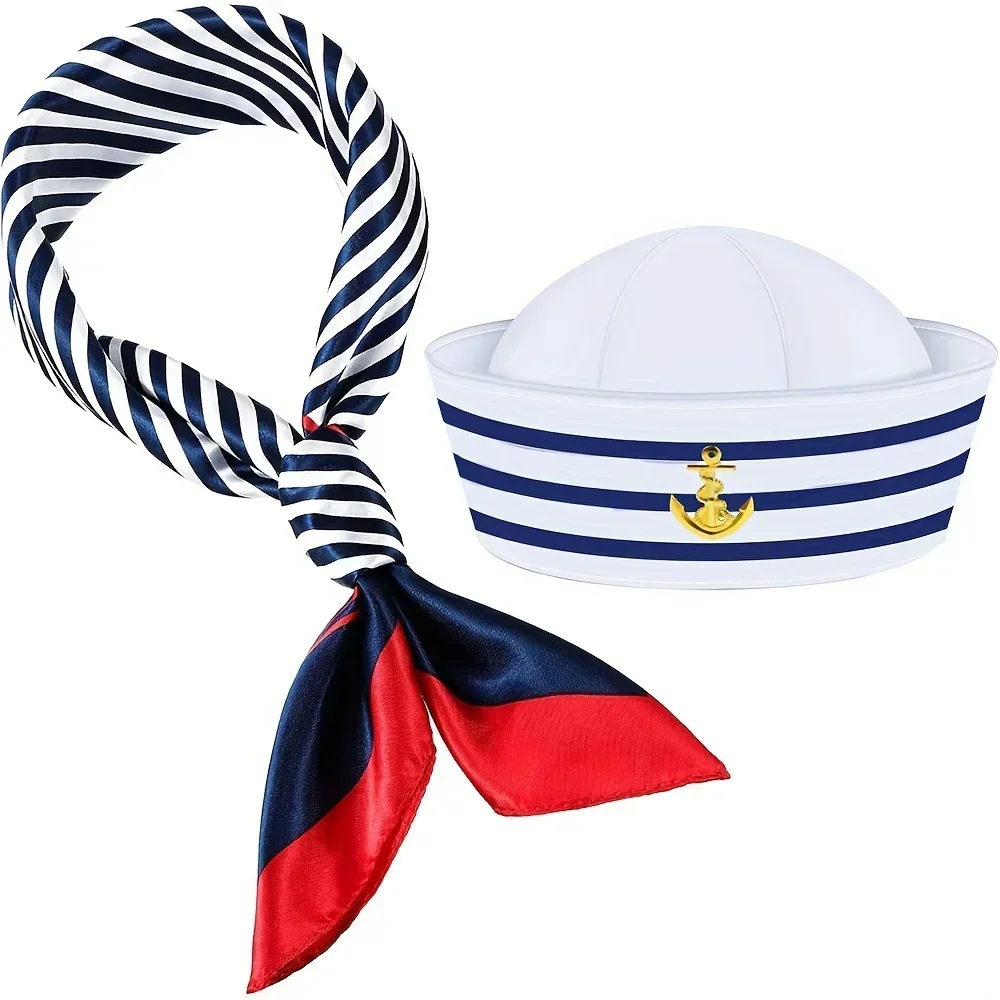 2Pcs Yacht Captain Hat Sailor Ship Cap Scarf Sailor Hat Boat Costume for Men Women Captains Dressing up Party (2pCS Set)