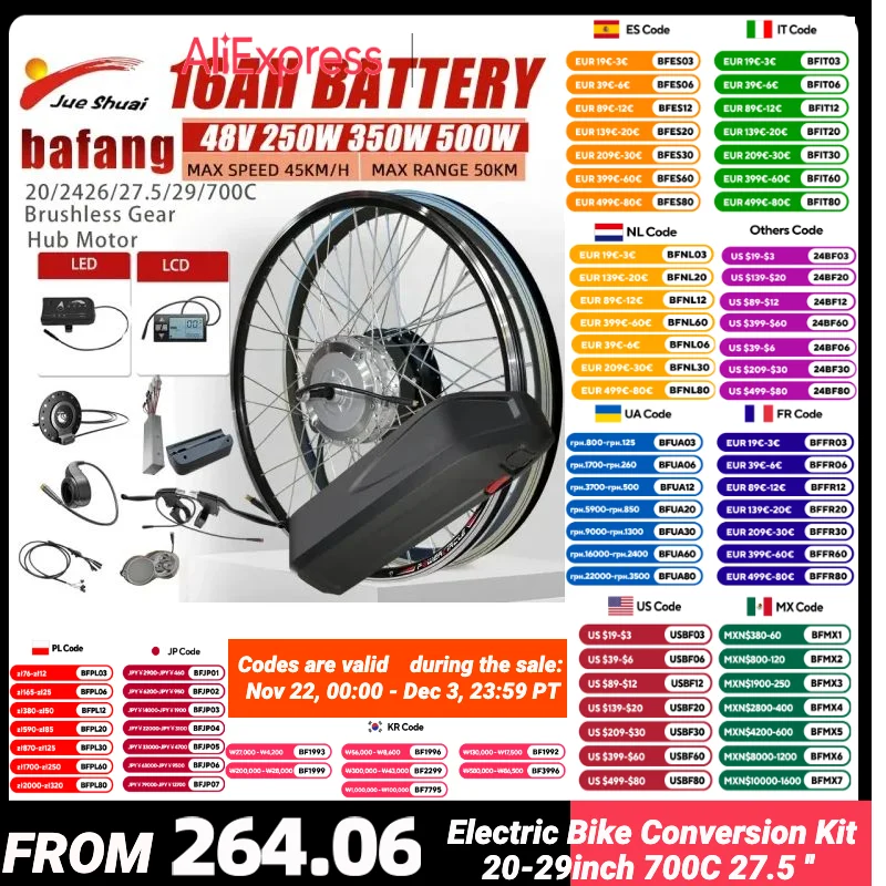 BAFANG-Kit de conversión de bicicleta eléctrica, rueda libre con pantalla, Motor de cubo trasero y delantero, batería de 16Ah, 48V, 500W, 20, 26, 27,5, 700C