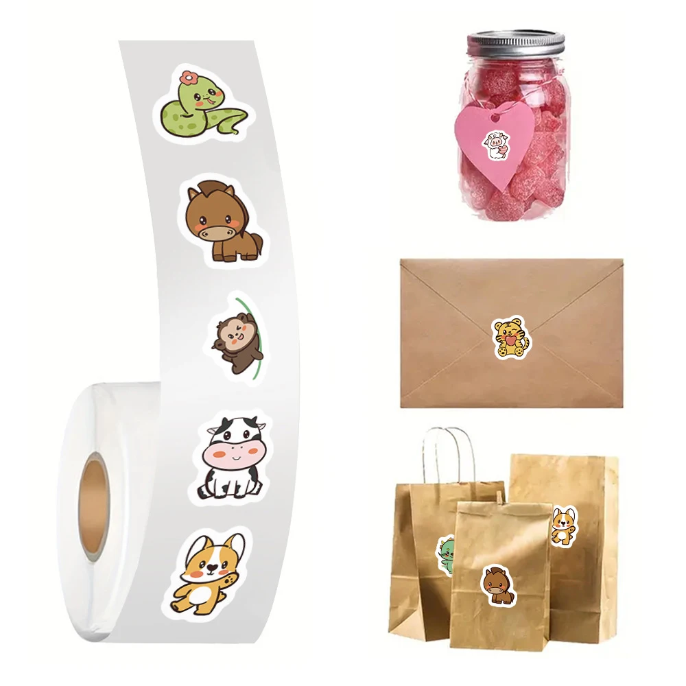 

500pcs/roll Twelve Zodiac Animal Sealing Stickers Cute Dog Pig Mouse Cartoon Decals Notebook Luggage Phone Kids Reward Sticker