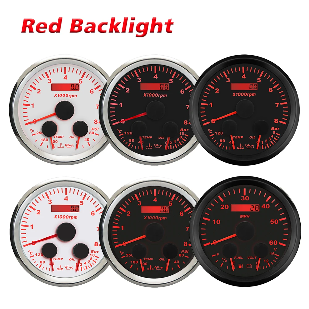 Rhaxel 85mm 3 in 1 Multifunction Gauge 0-60MPH GPS Speedometer 0-8000RPM Tachometer Fuel Level Water Temp 12V for Car Truck
