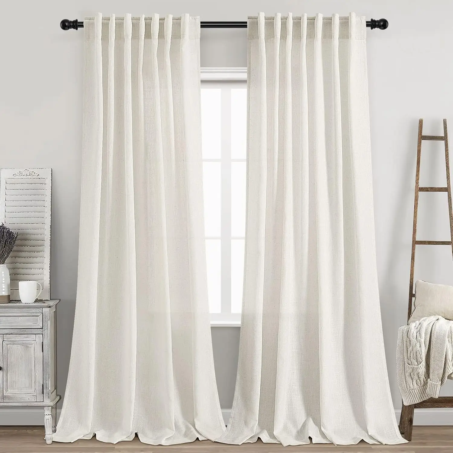 Ivory-Cream 2-Panel 96-Inch Back-Tab Semi-Sheer Linen Curtains, Floor-To-Ceiling Canvas Texture, Light-Filtering Drapes for Living Room Sliding Glass Doors
