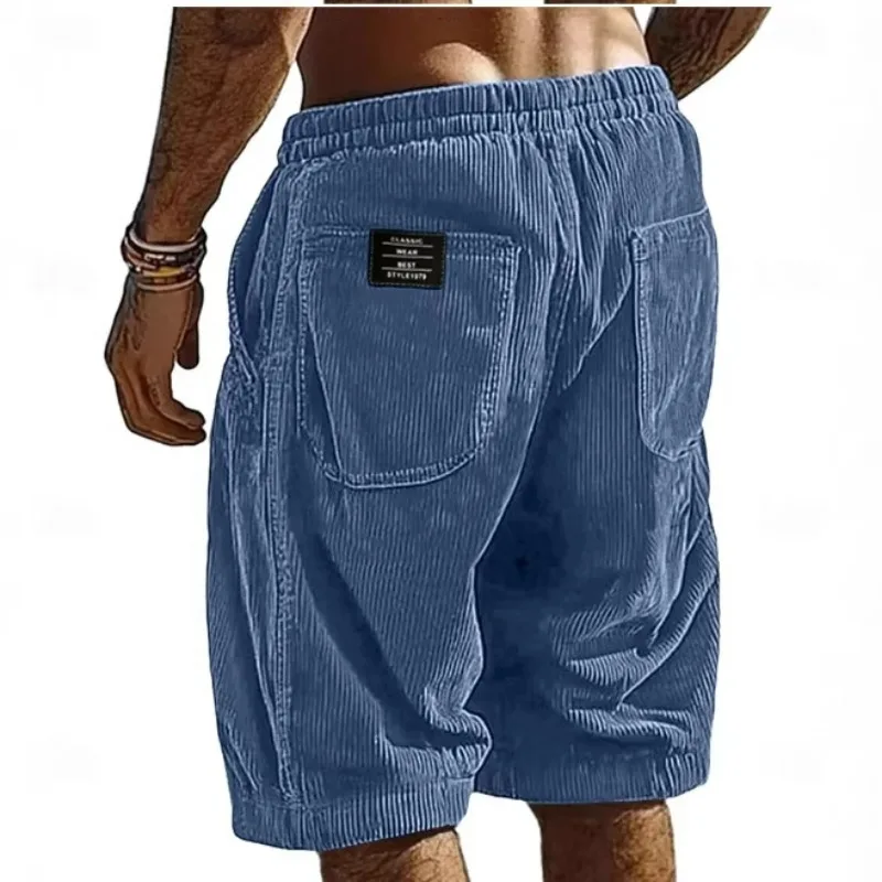 KIDWHXR 2026 Men's Retro Corduroy Casual Shorts Man Fashion Solid Sweatpants Loose Straight Elastic Waist Sports Male Shorts