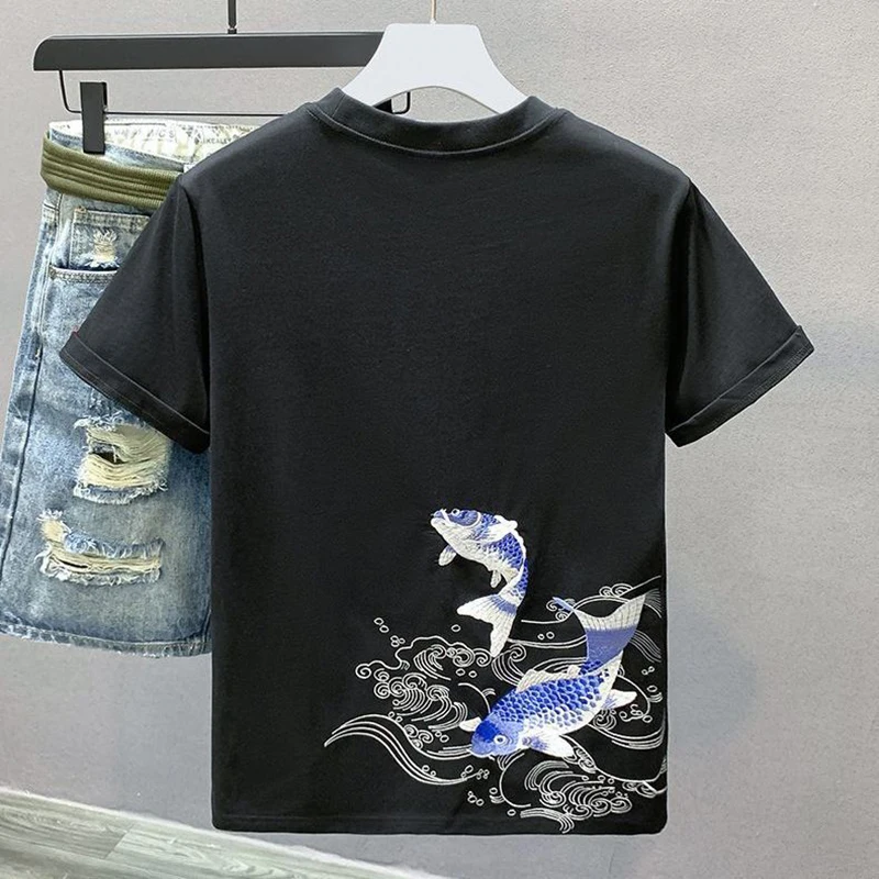 Summer Carp Embroidery Men O Neck Short Sleeve T Shirt Chinese Style Fashion Vintage All-match Casual 2xl Oversized Clothing Top