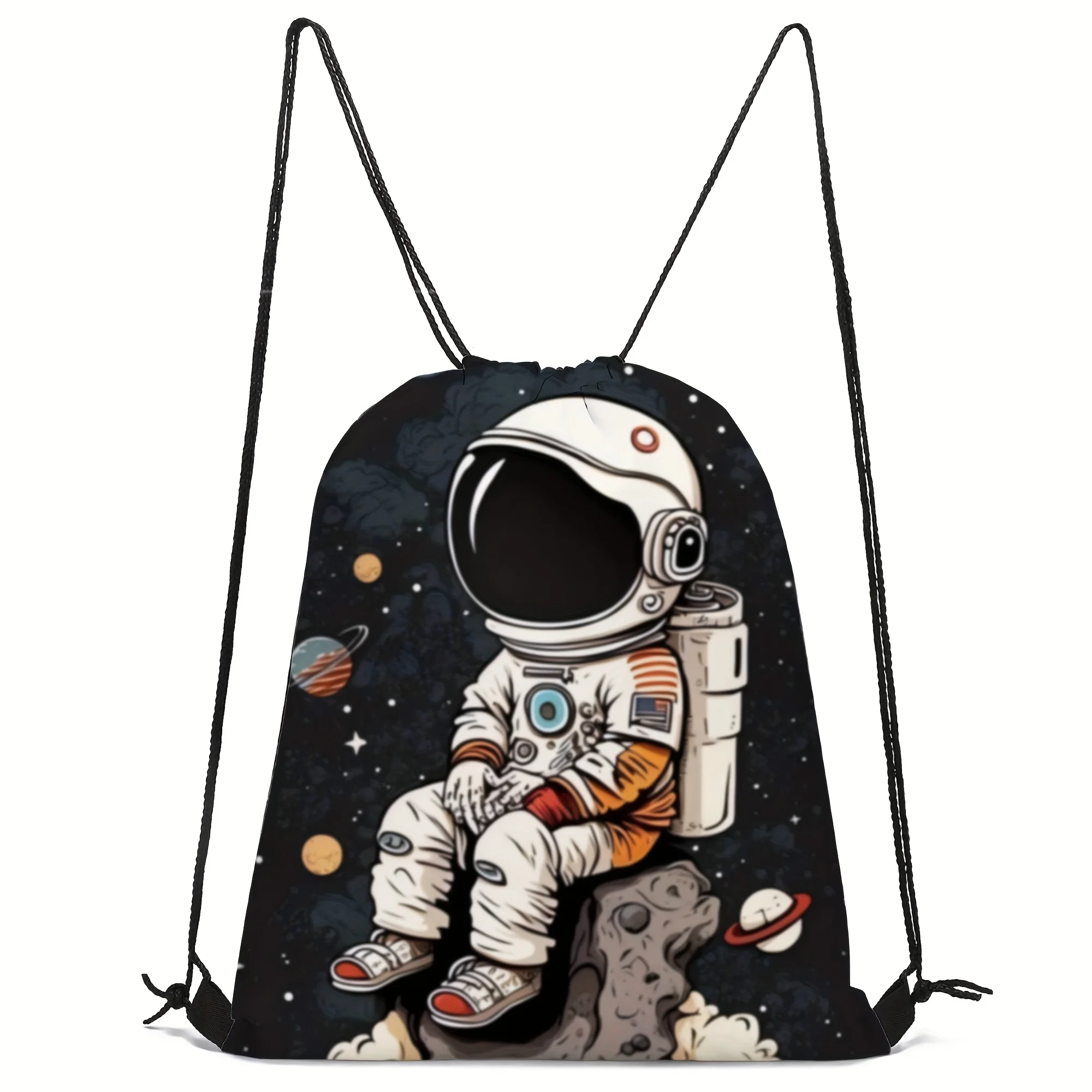 

Cartoon Astronaut Sitting on Moon Drawstring Backpack,Lightweight Waterproof Gym Bag Cool Spaceman Gift for Astronomy Lovers