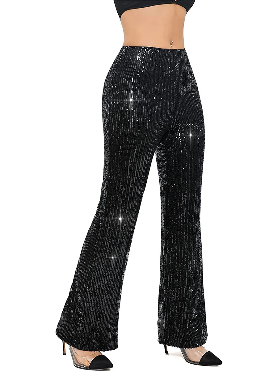 Moda donna pantaloni con fondo a campana scintillanti pantaloni a gamba larga con paillettes lucide Glitter Concert Club pantaloni svasati Party Clubwear