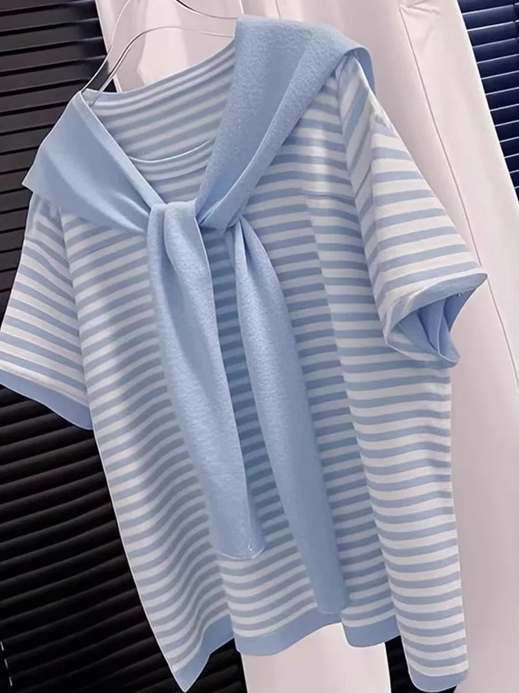 

High-End European Design Color Blo Striped ort Sve Knitted T-irt Summer Commute Sle Korean Straight Cut Silk Top