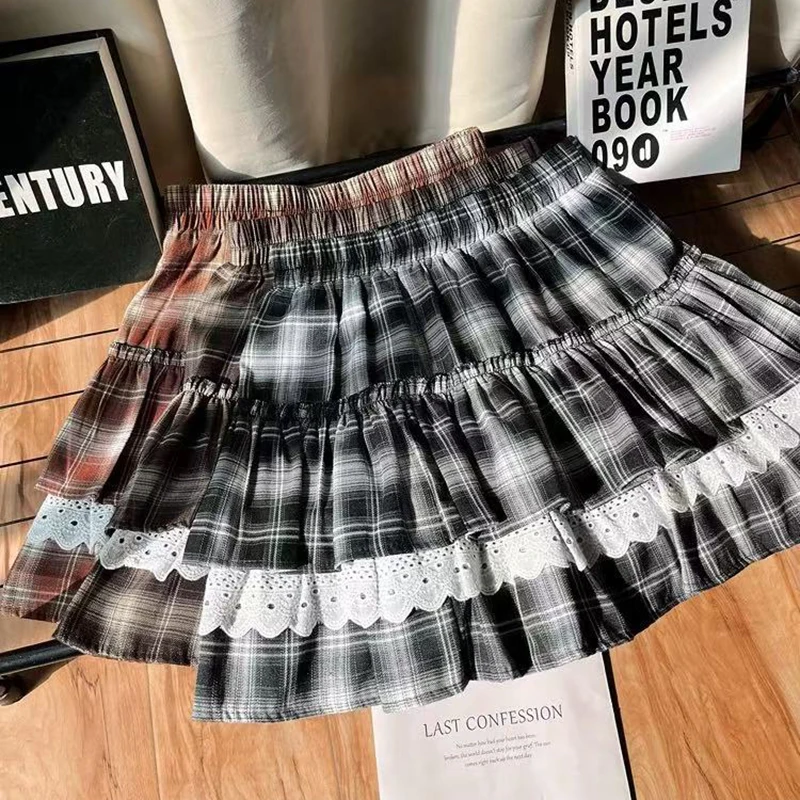 

Клетчатая юбка для женщин Y2K с высокой талией, кружевные лоскутные повседневные пышные юбки, летние милые универсальные танцевальные юбки в стиле Лолиты в стиле преппи