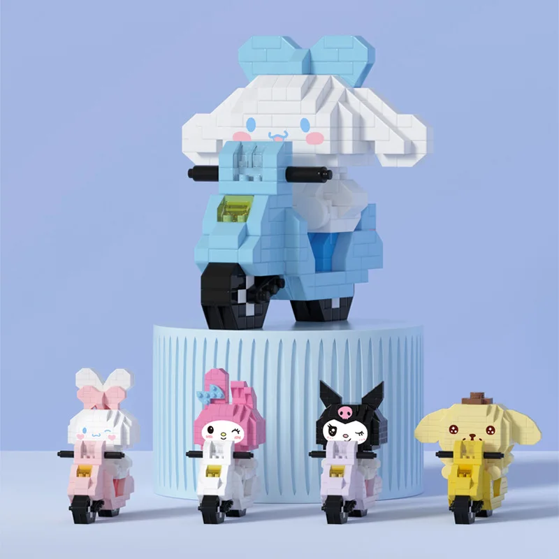 

Kawaii Sanrio Micro Building Blocks Pom Pom Purin 3D Model Assembled Motorcycle Melody Kuromi Cinnamoroll Mini Brick Figure Toys