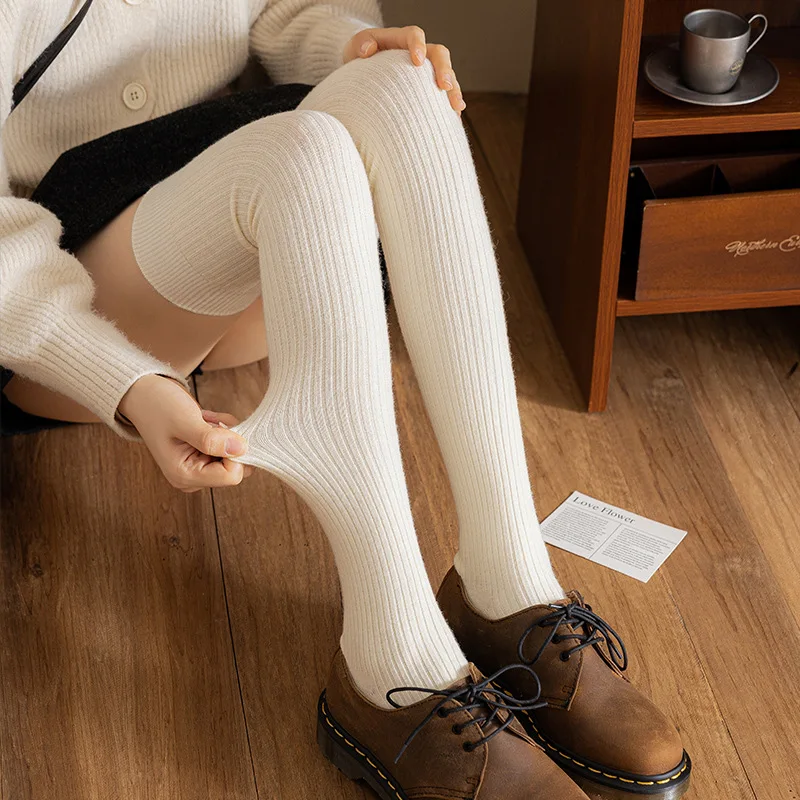 Wool Socks Woman Autumn/Winter Solid Color Thigh High Medias Lolita Thick Warm Stockings Black White Long Leg Socks for Female