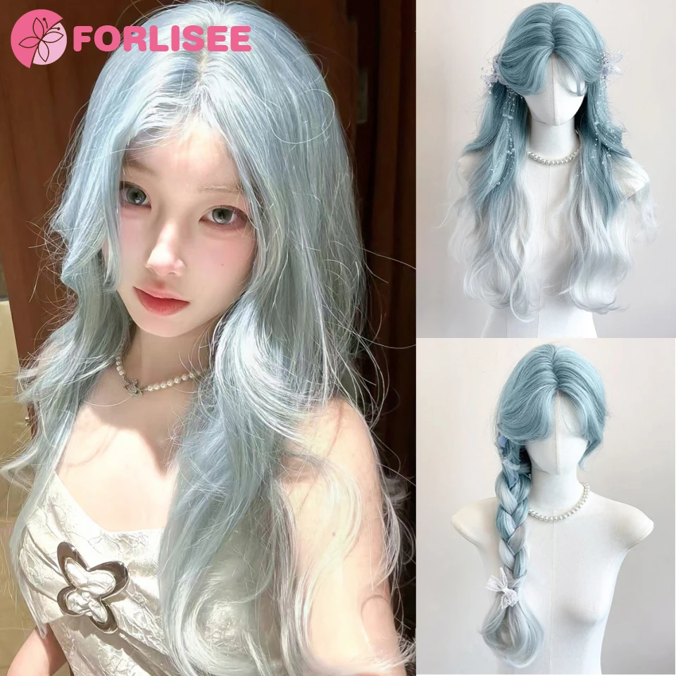 FORLISEE Synthetic Women Lolita Wavy Curly Ombre Blue Mint Color Long Curly Hair Wigs With Bangs Cosplay Hair Wig For Daily Part