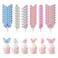 24Pcs Butterfly Cupcake Toppers Pink Blue Butterfly Cake Toppers for Birthday Baking Cake Decorations Wedding Bride Party Decor