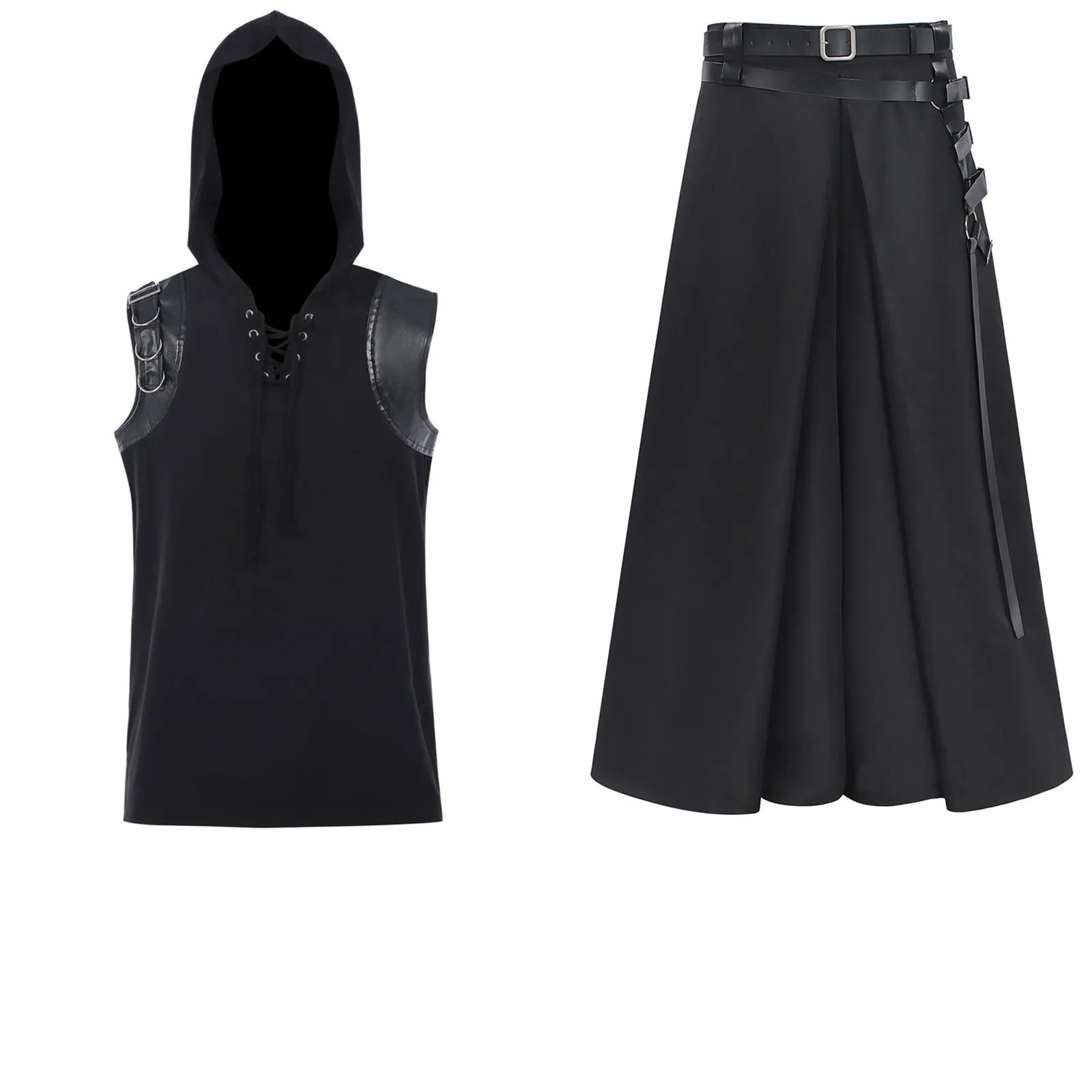 Men Medieval Steampunk Gothic Black Samurai Lace-Up Skirt Pants Set, Carnival Halloween Cosplay Costume