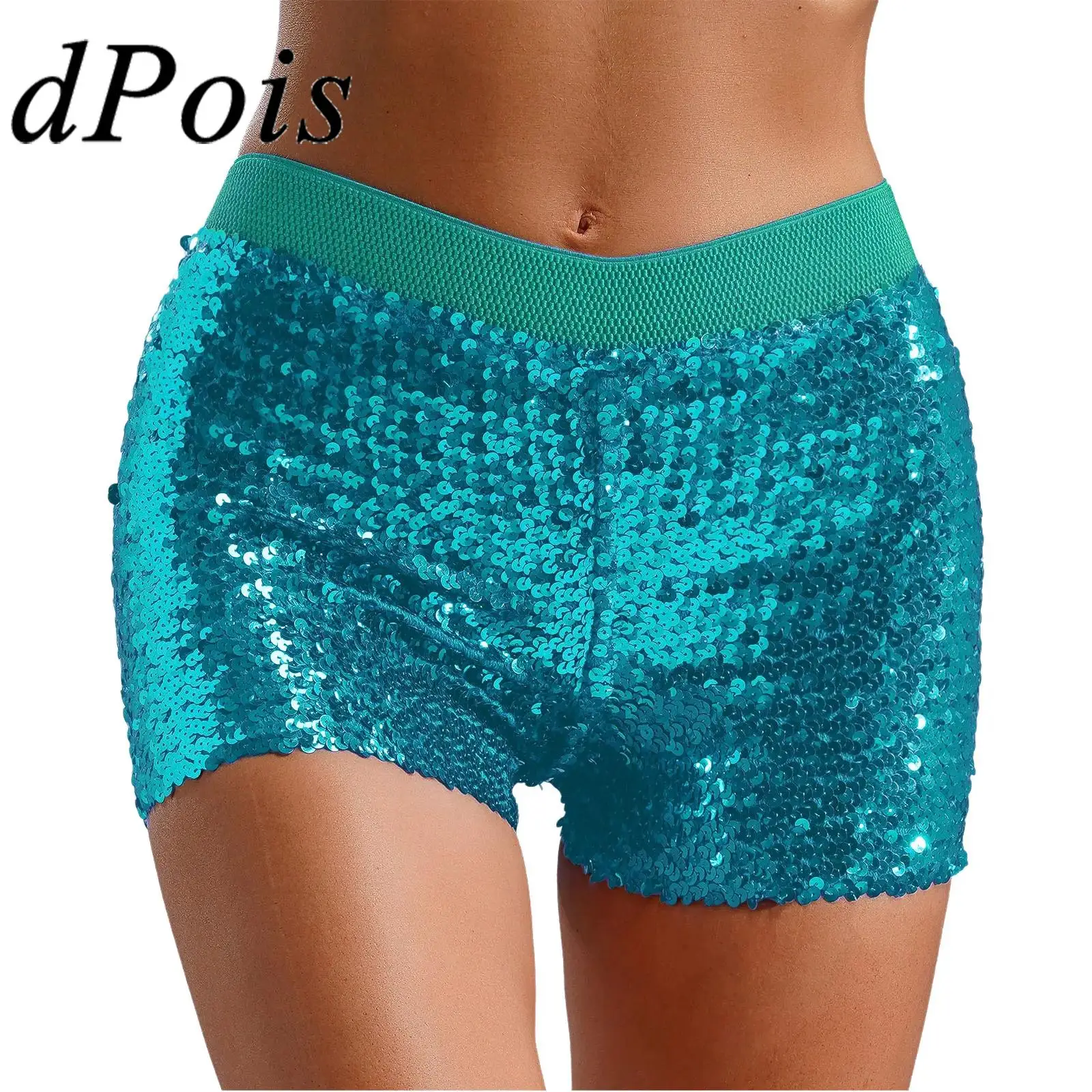 Womens Shiny Sequin Booty Shorts Elastic Waistband Stretchy Shorts Fashion Clubwear Hot Pants for Pole Dance Club Party Costume