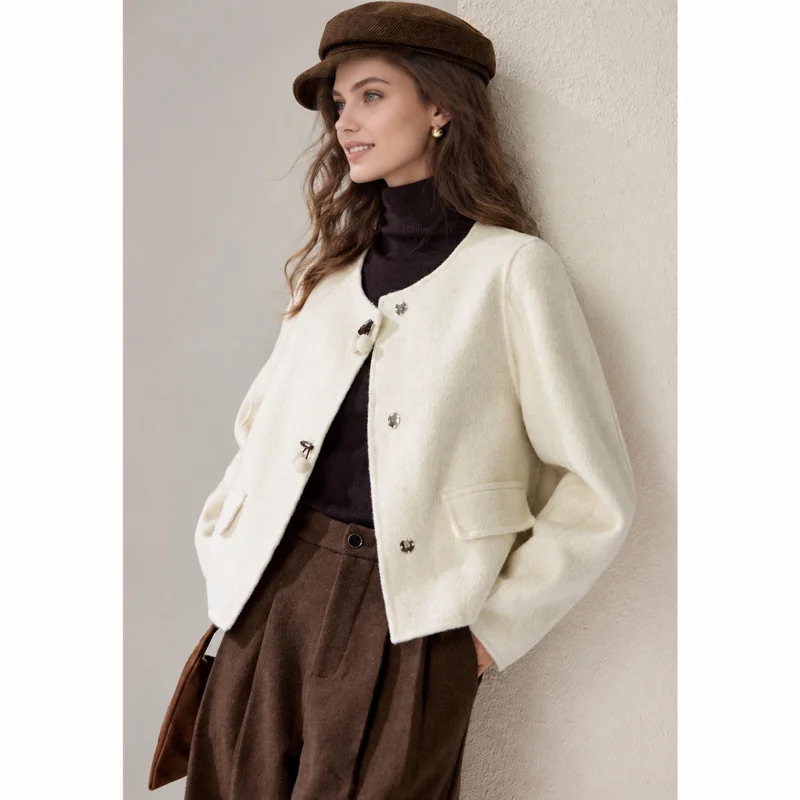 Women's Round Collar Cropped Coat, Pom Pom Decor Button Front Loose Fit Fall Winter Jacket