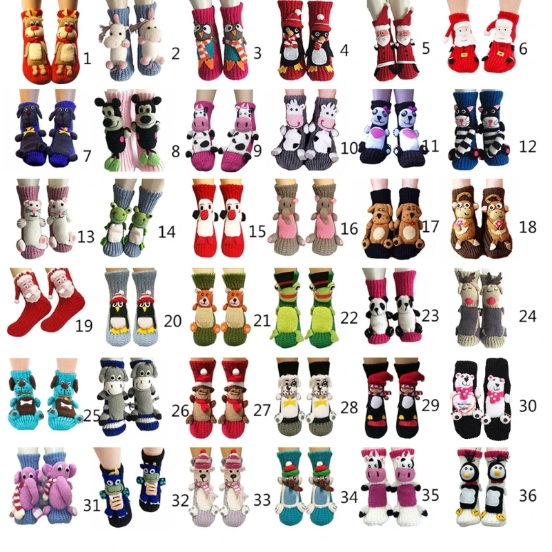 Adult Christmas Non-Slip Floor Slipper Socks with 3D Cartoon Animal Winter Warm Household Knit Sweater Foot Drop Shipping