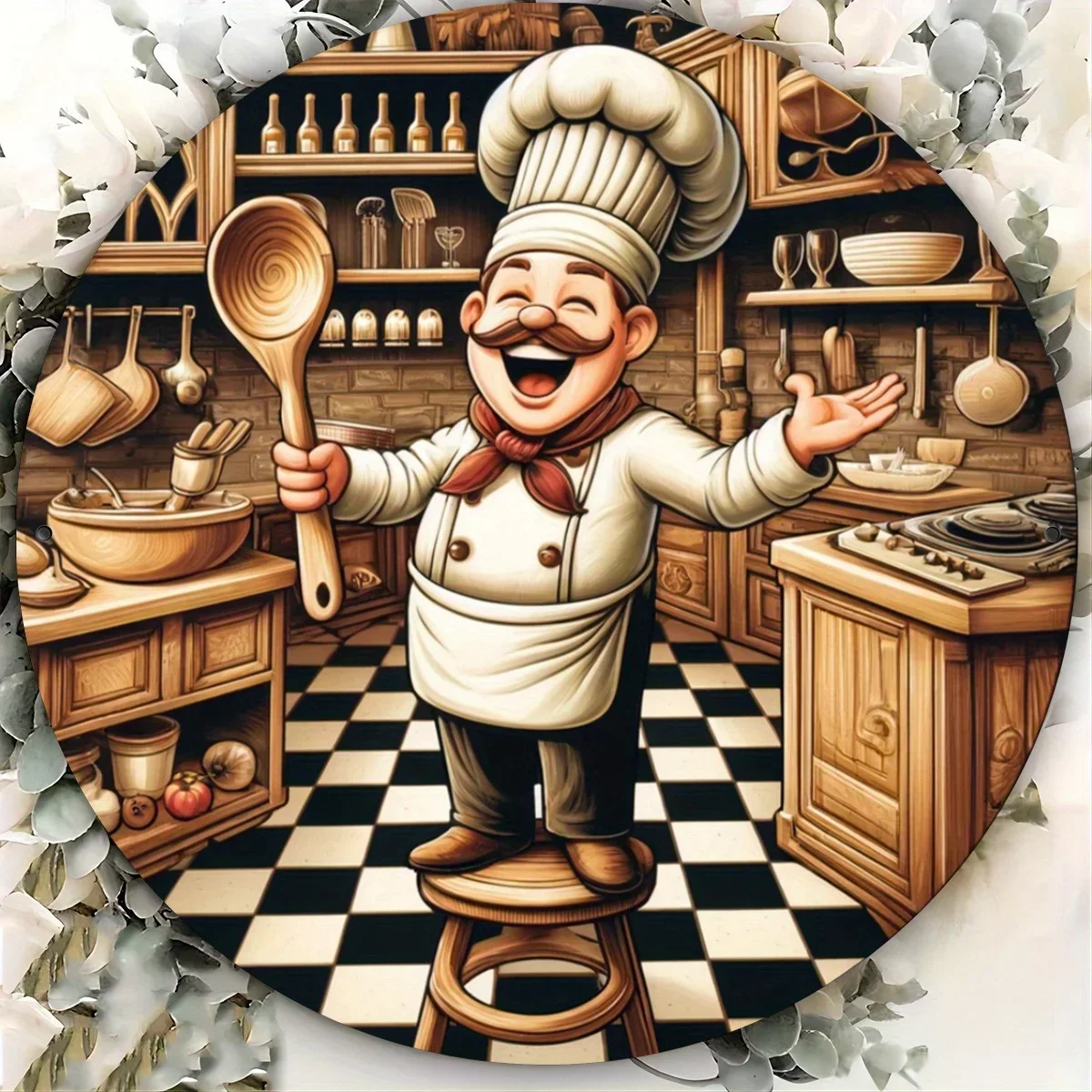 Happy Chef-Themen-Design, Metallschilder mit flachem Druck, kreisförmiges Eisen-Hängebild, Wanddekoration, Bar, Café, Club, Küche