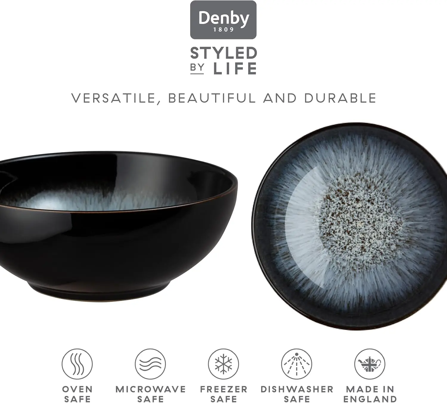 Набор мисок для хлопьев Halo Coupe из реактивной глазури емкостью 6–27 унций, можно мыть в посудомоечной машине в микроволновой печи — устойчив к царапинам — серая, черная керамика