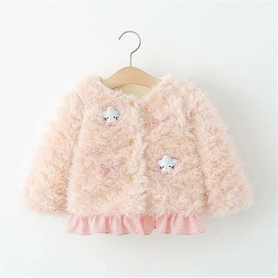 Winter Yellow Plush Coat for Girls with Cute Kitty Bow Fleece-Lined Warm Girl's Outerwear
