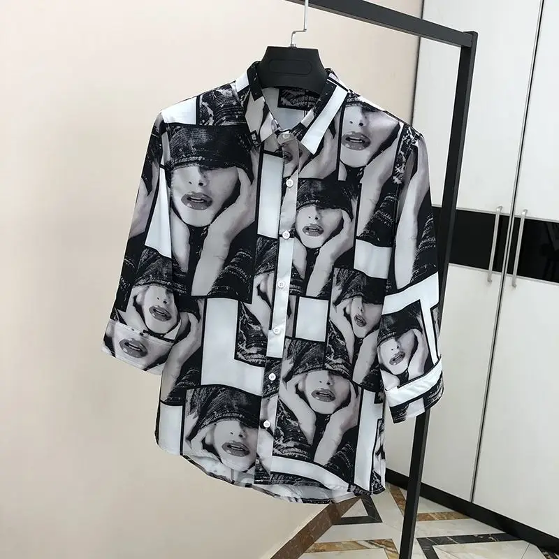 Summer New Shirt Men's Puffy Handsome Printed Korean Style Short-sleeved Fashionable Slim-fit Casual Mid-sleeved Shirt