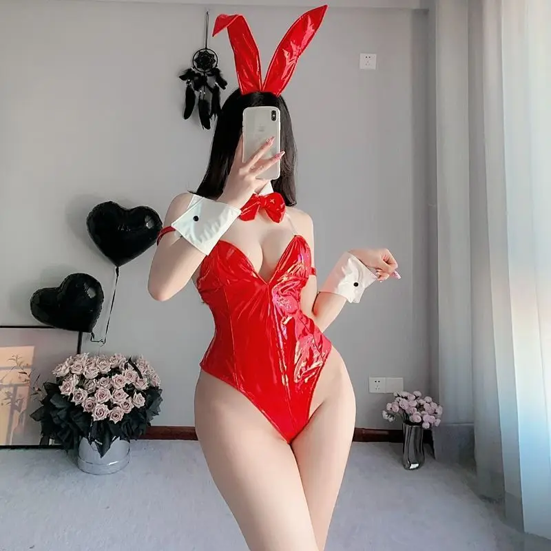 

Аниме Kawaii сексуальный кролик для девочек, косплей, женское сексуальное женское белье, костюмы горничной из искусственной кожи, трико с кроликом, боди с ушками