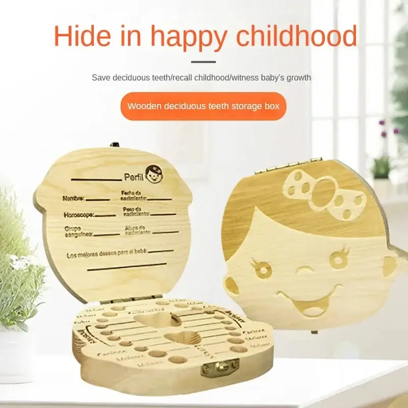 Baby Wood Tooth Box Organizer Milk Teeth Storage Language Spain English Chinese Collect Teeth Umbilica Save Gifts Baby Tooth Box