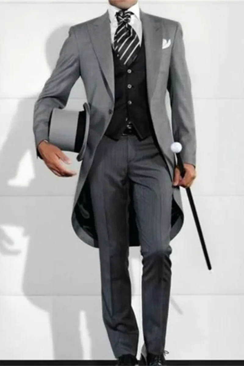 Italian Gentleman Style Wedding Man Long Tail Coat Groom Prom Tuxedos Formal Mens Suits terno masculino Jacket +Pant +Vest