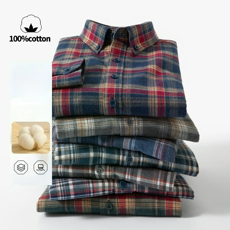

Men's 100% Cotton Yarn-Dyed Brushed Plaid Long-Sleeve Shirt Student Long Sleeve Shirt Unisex High Quality