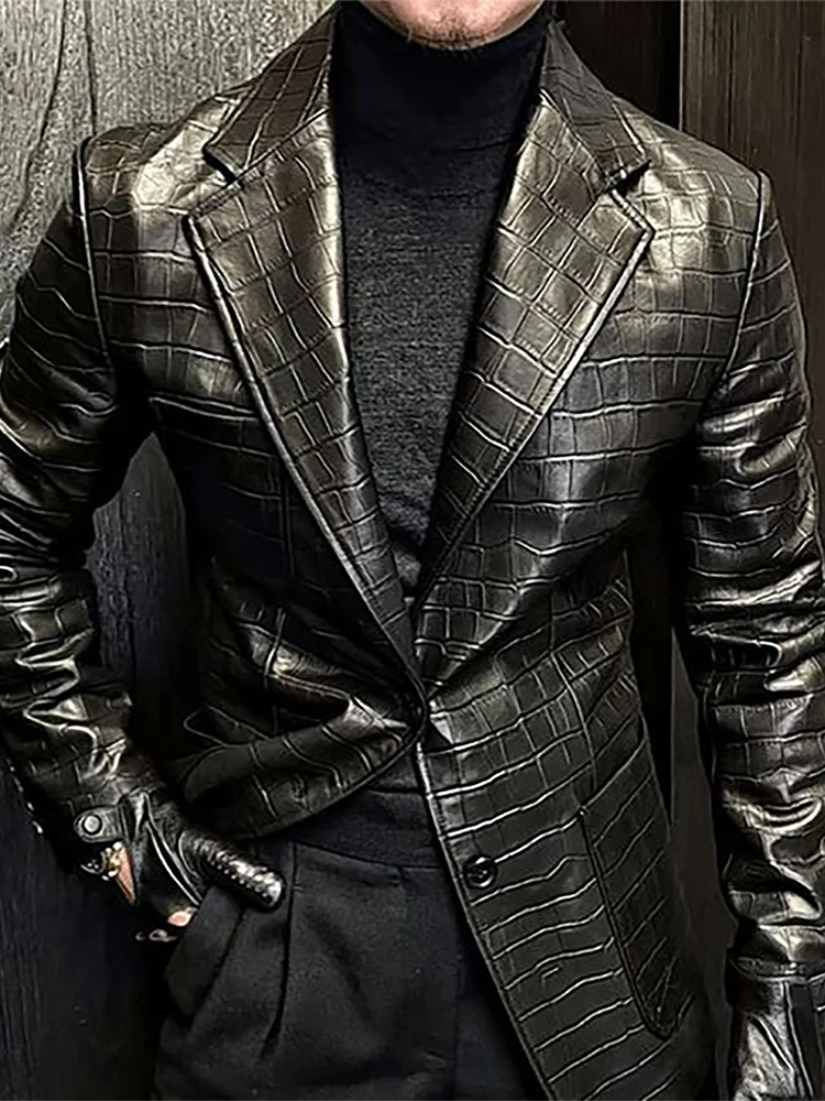 

Мужской черный пиджак из искусственной кожи с крокодиловым узором, однобортный тонкий модный пиджак с длинными рукавами, модные мужские пальто