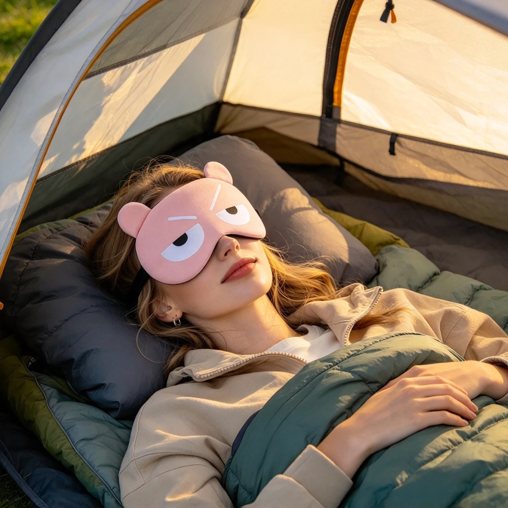 Light Pink Wide-Eyed Cat Ear Sleep Eye Mask Cute Cartoon Funny Print Light Blocking Shade Soft Breathable Nap Cover