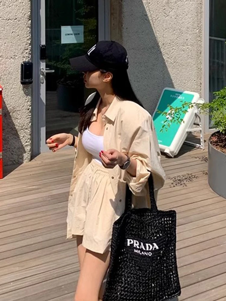 

Faionable Summer Loose Long Sve Sun Protection irt with Elastic Waist Belted Wide Leg orts Set Women's Ensemble