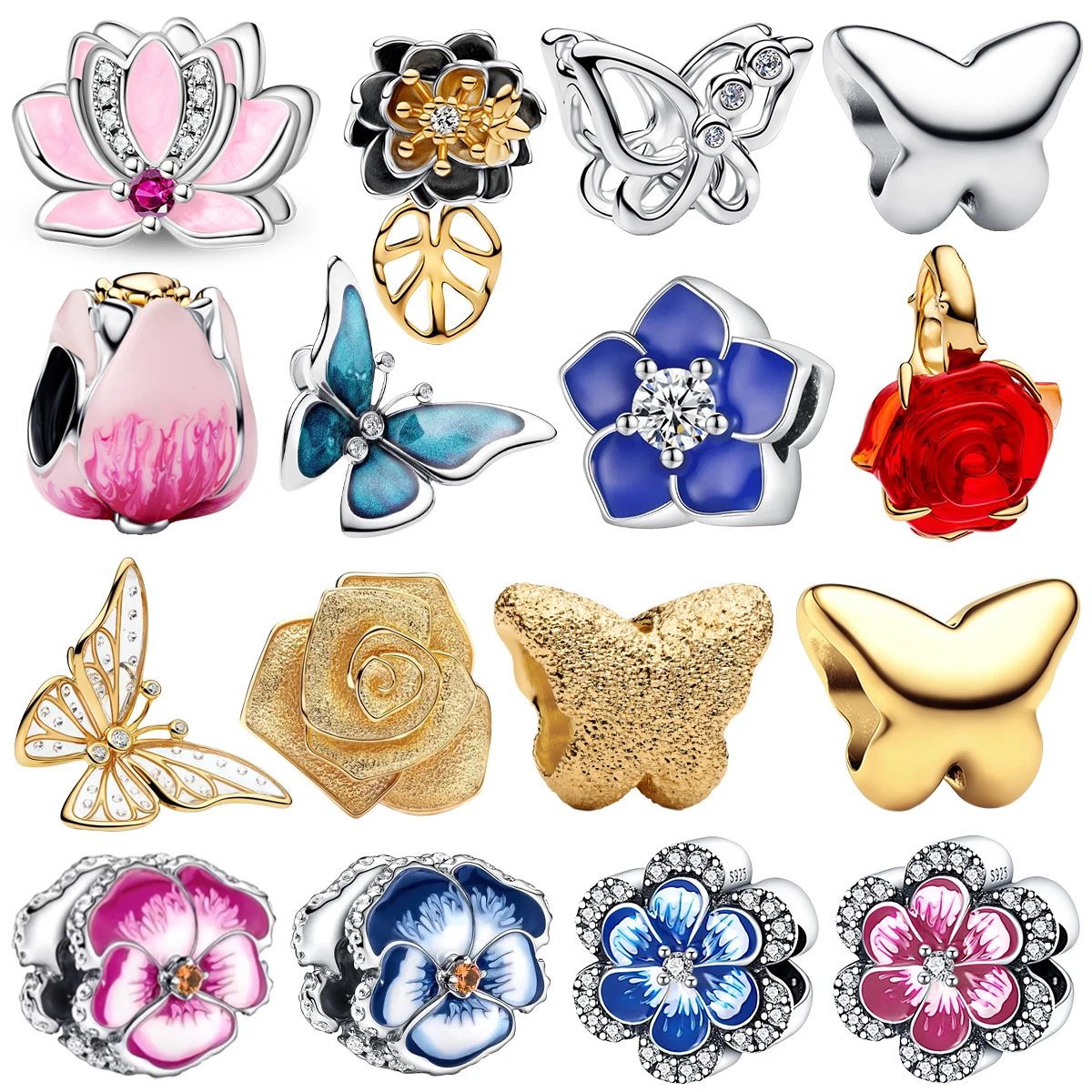 

Бусины из серебра S925 с эмалью: розовые тюльпаны, фиолетовые гвоздики, золотые бабочки, лотосы, самоцветы. Подвески для самостоятельного изготовления украшений, подходят для браслетов, отличный подарок.