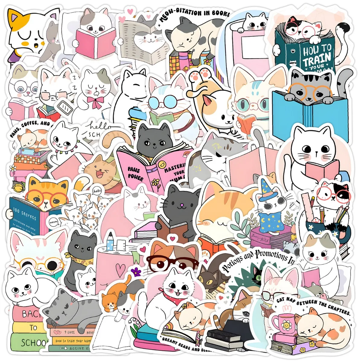 10/25/50pcs Cute Cat Reading Book Stickers Graffiti for DIY Scrapbooking Phone Laptop Helmet Bottle Guitar Cartoon Decals